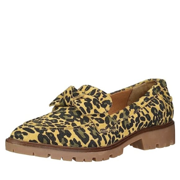 NEW Lucky Brand Tamio Leopard Print Suede Flat Loafer in Inca Gold - Picture 1 of 5